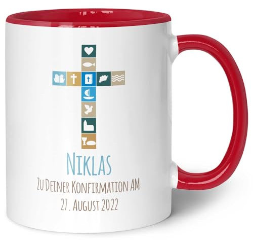 GRAVURZEILE Bedruckte Tasse - Zur Konfirmation V2 - Personalisiert mit Name & Datum - Gastgeschenk zur Kommunion Konfirmation Firmung - Geschenk für Jungen Mädchen - Farbe: Rot