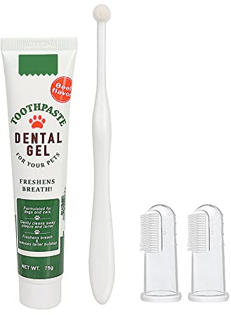 Pet Toothbrush and Toothpaste Teeth Brushing Kit Dog Cat Finger Toothbrush with Beef Flavor Toothpaste Kit Dog Plaque Removal Health Supplies