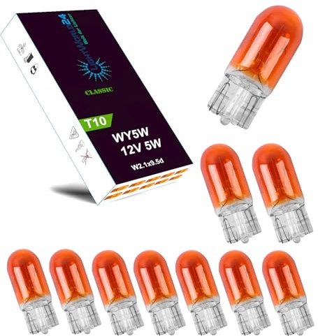 LIGHTWORLD24 Lot de 10 ampoules clignotantes WY5W T10 12V 5 Watts 5W Culot 2,1x9,5D Ampoule à culot en verre Ampoule de signalisation Ambre Ampoule latérale gauche clignotant Jaune orange