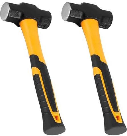 HOIGON 2 PCS 4 Lbs Sledge Hammer Set, 1.9kg Yellow Steel Drilling Sledge Hammer with Comfortable Fiberglass Handle, Heavy Duty Club Hammer for Construction