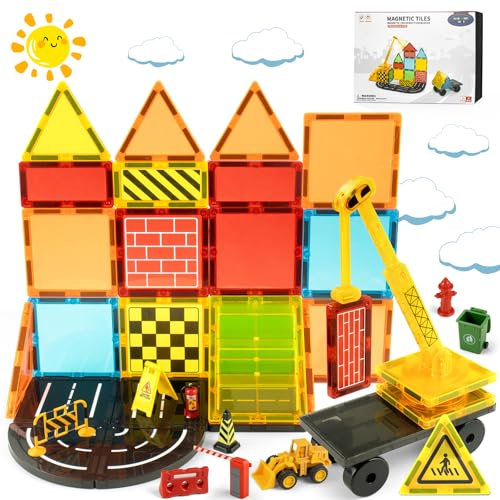 Magnetic Tiles Road Set with Extendable Magnet Crane Car Toys, Construction Building Toys for Kids Ages 3-5 4-8, Magnetic Building Blocks Tiles for Toddler Boys Girls, Birthday