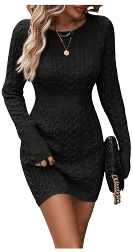 GORGLITTER Women's Cable Knit Jumper Dress Bodycon Sweater Dress Crewneck Long Sleeve Pencil Mini Dresses Black M