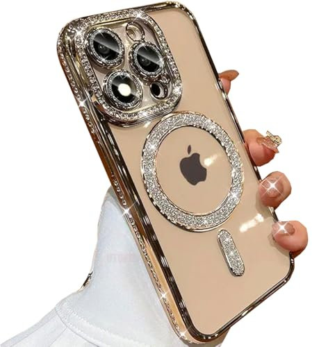 AuroiCCY for iPhone 16 Pro Max Case Magnetic, [Compatible with MagSafe] Women Cute Clear Glitter Bling Diamond Rhinestone Sparkly Case Camera Lens Protectors Plating Cover for iPhone 16 Pro Max (Gold)