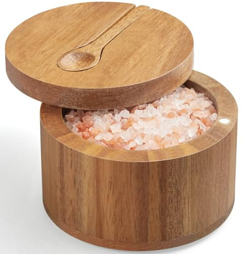 OUTNILI Salt Box Bowl with Lid and Spoon - Acacia Salt Cellar with 360° Swivel Lid - Salt Container Holder for Sea Salt Herbs or Favorite Seasonings, for Kitchen Decor and Accessories, 7 Ounces