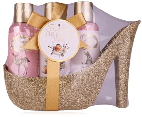 Accentra Geschenkset ROMANTIC DREAMS für Frauen, Bade Wellness Pflegeset im High Heel Glitterpumps Design in Rosa Gold, Tea Rose & Velvet Duft, 100 ml Duschgel, 100 ml Bodylotion, 130 g Badesalz