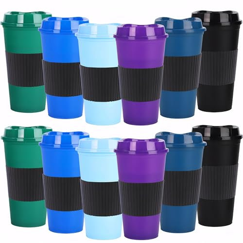 Yisituo Plastic Coffee Cups with Lids, 12 Pack 480ml Reusable Tumblers for Adults, for Hot & Cold Drinks, Microwaveable Travel Mugs (12, Colorful)