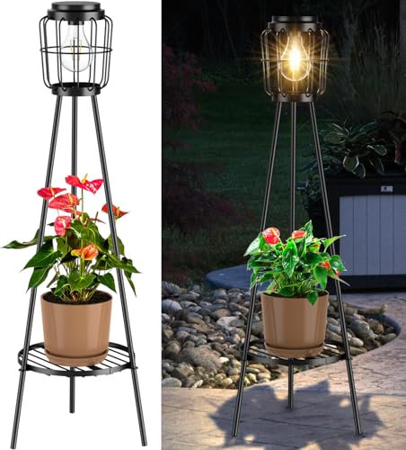 VISFLAIR Solar Light with Plant Stand, Solar Floor Lamp, Waterproof Solar Powered Outdoor Light Flower Shelf for Patio Porch Deck Yard Garden Decor-1 Pack