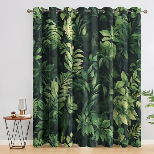 Dark Green Leaf Curtains for Bedroom Living Room, Fern Plant Blackout Curtains 52x84 Inch, Eyelet Thermal Drapes Window Treatments, 2 Panels
