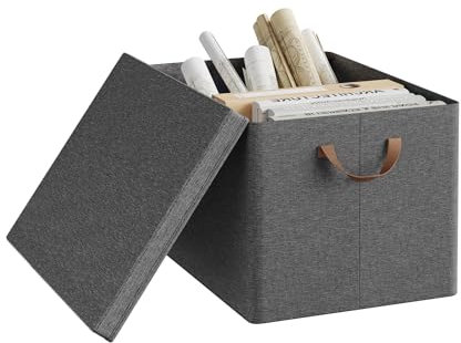 WOLTU Storage Boxes with Removable Lid, Set of 1, Folding Storage Basket, Fabric Storage Organiser, with Handle, Grey, 48 x 36 x 30 cm