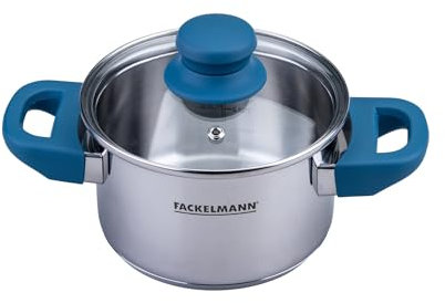 FACKELMANN Kochtopf Essential Ø 14 cm aus Edelstahl, dunkelblaue Bakelit-Griffe, energiesparender Kapselboden, inklusive Glasdeckel, Blau