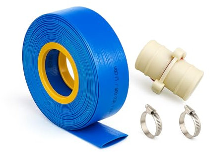Manguera plana para descarga de agua, riego, pisicna y bombas de achique con accesorios de PVC y abrazaderas. (32mm T50m)