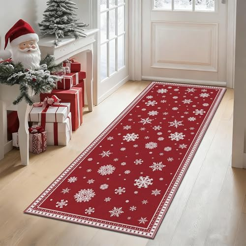Guchuang Bedding Weihnachtsteppich Läufer 60 x 180cm, Rot Waschbarer rutschfest Teppich Schneeflocke Weihnachtsteppich, Kurzflor Läufer WeihnachtenTeppich Flur für Wohnzimmer Schlafzimmer