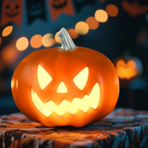 Halloween Deko LED Kürbis Laterne,Kunststoff Leuchtende Kürbisse Laterne(D) | Halloween Deko Outdoor Kürbis Lichter, Beleuchtete Kürbislaterne mit Gesicht für Erntedankfest Helloween Herbstdeko