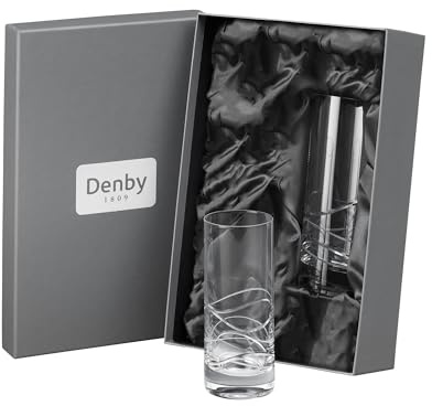 Denby - Aurora Crystal Large Tumbler Glasses Set of 2-370ml Highball, Lead-Free, Hand Blown, Hand Cut Design - Juice, Water Glass - Dishwasher Safe - Tall Cocktail Glasses with Gift Box
