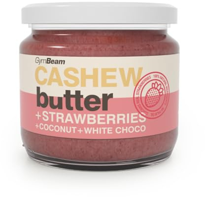 Beurre de noix de cajou GymBeam à la noix de coco, au chocolat blanc et aux fraises 340 g, riche en protéines, fibres et bonnes graisses, sans huile de palme, saveur unique et onctueuse, 8 x 340 g