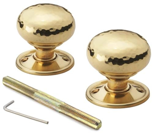 Polished Brass Hammered Cottage Door Knobs Pair – 50mm Solid Unlacquered Brass Mortice Door Knobs – Traditional Textured Interior Door Hardware