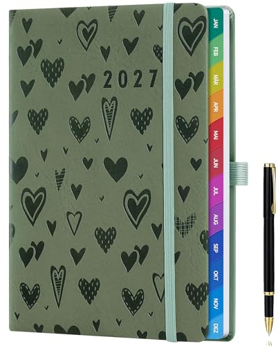 Terminplaner 2027 A5 Armeegrün – Buchkalender 2027 A5 1 Woche 2 Seiten, Kalender 2027 mit Herz Design, Wochenplaner 2027, schlicht & modern, Hardcover, 100gsm Papier
