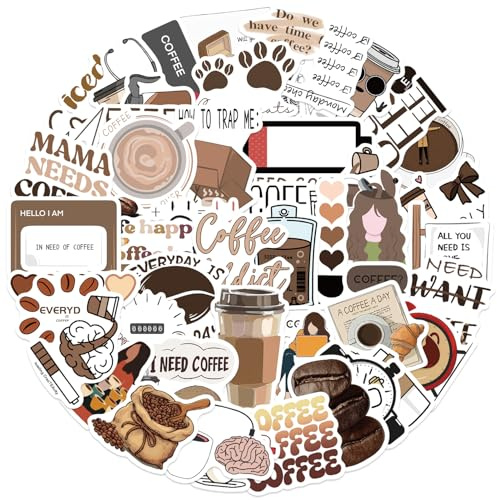 RGBEE Vintage Kaffee Aufkleber 50 Stücke, Lustige Sprüche Kaffee Bohne Tasse Sticker Set, Wasserdichte Vinyl Aufkleber für Laptop, Scrapbooking, Journal, Kindle, Skateboard, Koffer, Helm