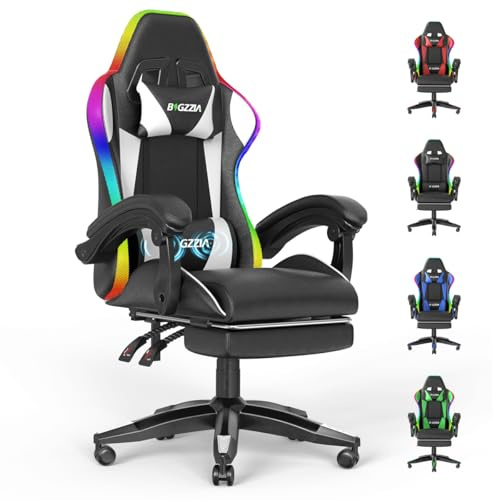 Bigzzia LED Gaming Chair with Massage PC Chair for Gamer Gifts | Computer Chair with Footrest for Nap Relaxing Massage 90°-155° (White, With RGB Light)