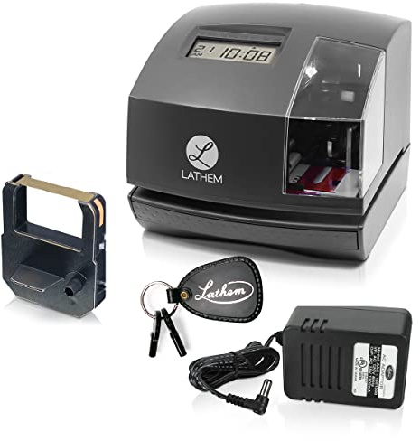 Lathem 1600e Time Clock Punch Machine & Document Stamp, Time Keeping System with Tru-Align Cards (5.7 X 6.3 X 7.2 Charcoal Gray)