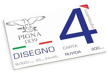 Pigna, Blocco da Disegno con 4 angoli PignaQuattro, Formato 33x48 cm., 20 Fogli da 200 g/m², Perfetto per Disegni e Schizzi, Carta Ruvida, confezione 1 pezzo