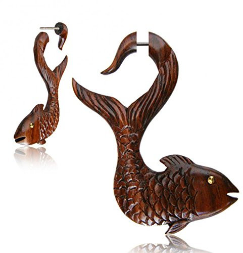 CHICNET Fake Holz Piercing Narra Wood Koi Fisch Brass Auge Edelstahl Ohrstecker Organic Tribal