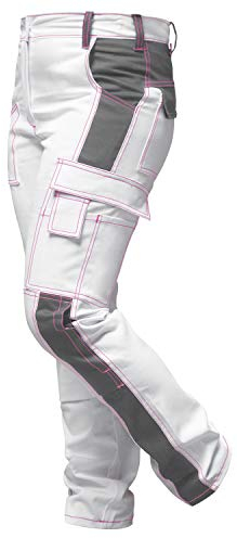strongAnt® - Pantalon de Peintre élastique, Pantalon de Travail Femme Blanc, Poches pour genouillères, Fermeture éclair YKK + Bouton YKK - Blanc-Gris Couture Rose 84