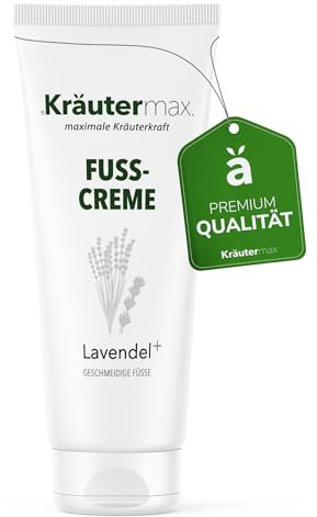 NEU! Kräutermax Creme Fussbalsam | Fußpflege mit Lavendel- & Mandelöl zur Beruhigung trockener Füße | Naturrein ohne Parabene & Silikone | Natürliche Pflege für zarte und geschmeidige Haut | 1 x 70 ml