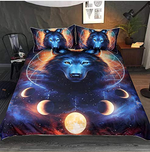 DXSX Bettwäsche Bettbezug 3D Wolf Theme Muster Bettbezug und Kissenbezug Easy Care Kinder Jungen Teenager Männer Bettwäsche (Kosmische Milchstraße Wolf, 135x200cm)