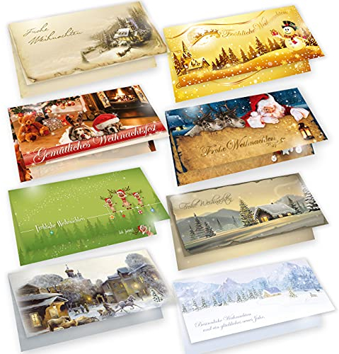 Weihnachtskarten Set mit Umschlägen, 8 Motive je 2 Karten, Frohe Weihnachten - Klappkarten für Weihnachtsgrüße
