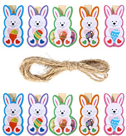 Amosfun 50 Stücke Mini Holzklammern mit Schnur Osterhase Form Holz Wäscheklammern Zierklammern Klammern für DIY Ostern Dekoration Fotos Fotowand Fotoleine Basteln
