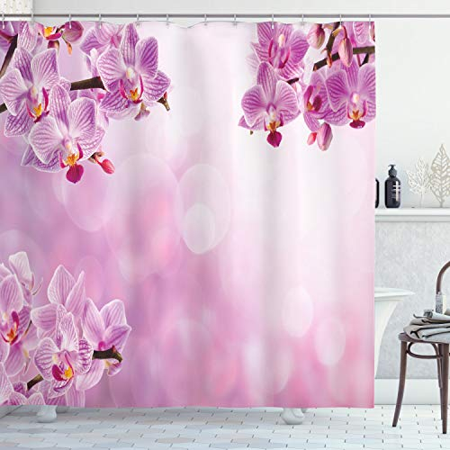 ABAKUHAUS Rosa Duschvorhang, Orchid Frühling Blütenblätter Spa, Stoffliches Gewebe Badezimmerdekorationsset mit Haken, 175 x 180 cm, Rosa