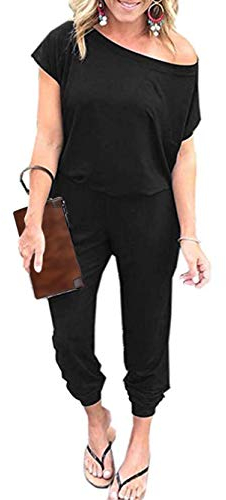 iChunhua Women's Jumpsuits Off Shoulder Short Sleeve Elastic Waist Romper with Pockets (Black,Large)