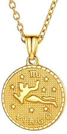 Suplight Collier für Damen Mädchen Horoskop Sternbilder Jungfrau Münzen Kette Retro-Stil 18k vergoldet Sternzeichen Tierkreis Anhänger Halskette perfektes Zubehör Geschenk für Herren Jungen