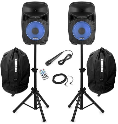 Vonyx VPS082A 8 Bluetooth Active Party Speaker Kit with Microphone, Built-In Light Show, Tripod Stands & Carry Bags – Ideal for Home Audio, Pub Events, Man Caves & Small Gatherings