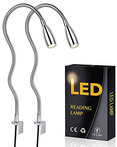FIFILARY LED-Leselampe, 2 Stück Nachttischlampen, Wandleuchten, Schreibtisch-, Bücherregal- und Display-Beleuchtung 200Lm / 3000K / 3W / 110-240V AC, Abstrahlwinkel: 30°, Schwanenhalslänge: 48cm
