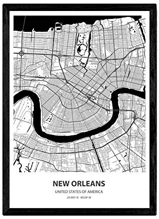 Nacnic Poster mit Karte von New Orleans - USA. Blätter US-Städte mit Meeren und Flüssen in schwarz und weiß. A3