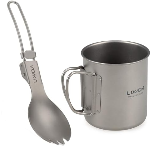 Lixada 300ML / 350ML / 550ML / 650ML Cookware Set Ultralight Titanium Cup with Dinner Folding Spork Tableware for Camping Hiking Hiking