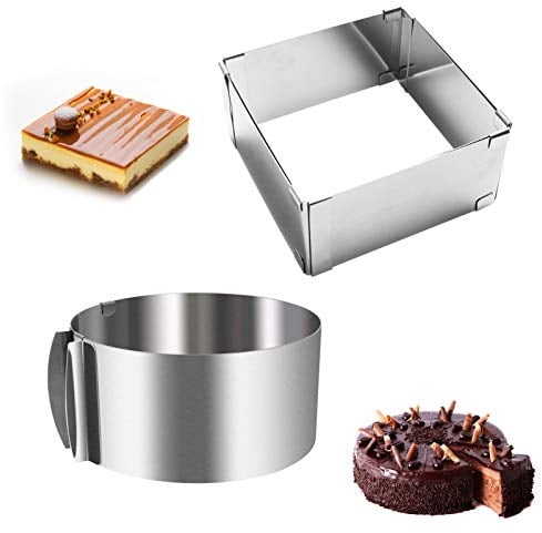 WANGDEFU Tortenring Verstellbar,2 Stück Kuchenring Set Edelstahl,Backrahmen Rechteckig(15-28cm) + Rund(Ø16-30cm,8,5cm Hoher,mit abgestufte Skala),für Backen Kuchen Torten,Pizza,alle runde Desserts