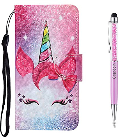 Grandoin für Samsung Galaxy A20E Hülle, [Schützt vor Stoß] Handyhülle mit Kartenfach Geld Slot Ständer PU Ledertasche Flip Muster Case Kreativ Gemalt Brieftasche Etui Schutzhülle (Wimpern Einhorn)