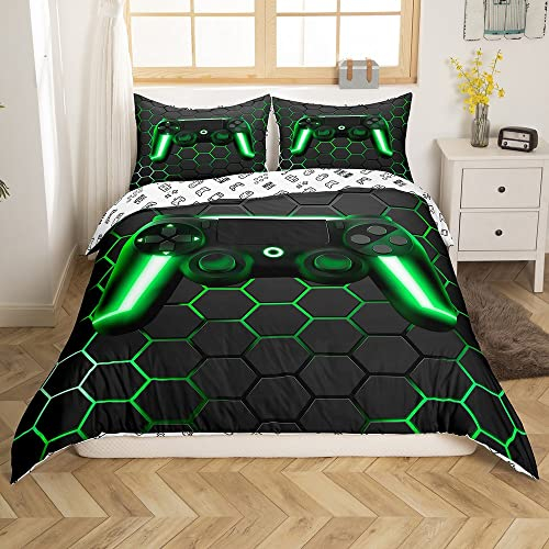 Geometrische Gamer Bettbezug Set Neonlicht Geometrische Trösterbezug Honeycomb Gamepad Gaming Bettwäsche Sets für Kinder Teen Jungen Bienenstock Hexagon Bettbezug 2 Stücke 135x200 Grau Grün