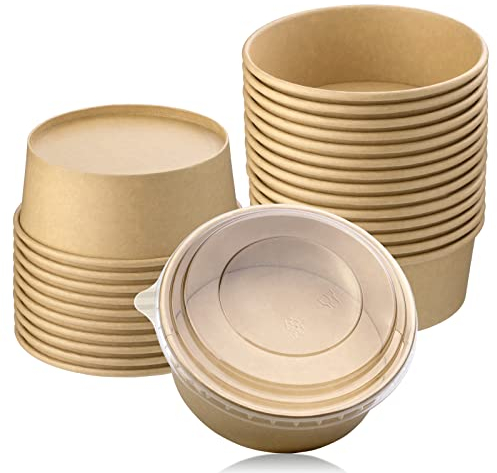 Giwrmu 25 oz 25 Pcs Paper Salad Bowls with Clear Lids, 750 ML Disposable Round Shape Kraft Food Containers Suit for BBQ, Gatherings and Parties