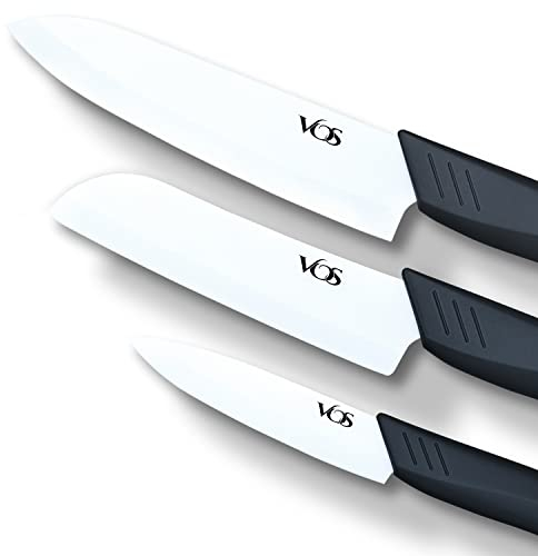 Vos Set di coltelli in ceramica in elegante confezione regalo, set di coltelli in ceramica per cucina, set di coltelli da cucina ultra affilati con coperchi, 10,2 cm, 12,7 cm, 15,2 cm, coltello