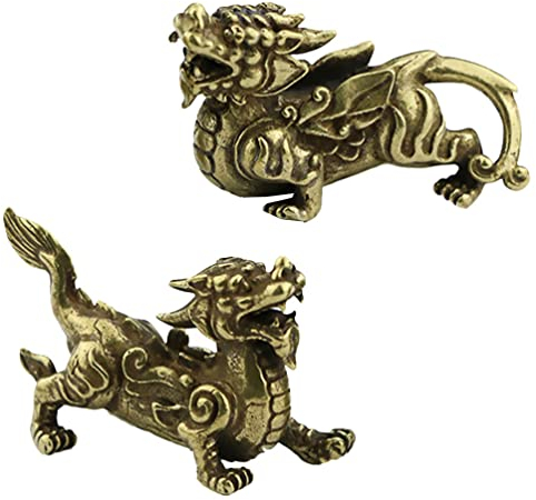 Milisten 1 Paar Messing Feng Shui Pi Yao Figur Chinesische Pi Xiu Ornament Bronze Pixiu Drache Biest Böse Geister Statue Amulett Symbol des Reichtums für guten Schutz Heimdekoration