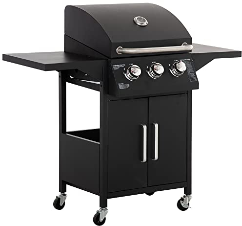 Outsunny Barbacoa de Gas con 3 Quemadores 8,7 KW Termómetro Parrilla de Gas con 2 Mesas Laterales Armario de 2 Puertas 4 Ruedas y Frenos Acero al Carbono para BBQ 121x55x109 cm Negro