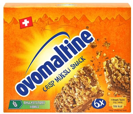 Ovomaltine Crisp Lot de 6 barres à céréales Crunchy en céramique avec crème ovomalaline – Poudre de cacao fine, durable et certifiée UTZ (6 x 25 g)