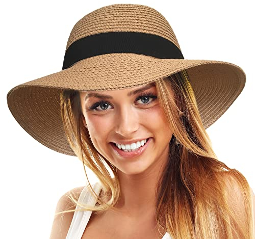 TOSKATOK Sombrero de Playa de Paja para Mujer UPF 50+ Protege de los Rayos UV, ala Ancha, Plegable para Viajes y Vacaciones