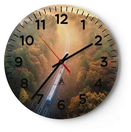 Modern Wanduhr Bahn Herbst So 30x30cm Rund Klein Wand Uhr Glas Analog Zimmeruhren Küche Büro Wohnzimmer Glasuhr Wall Clock Dekoration Design Wanddekoration Küchenuhr C4AR30x30-4632