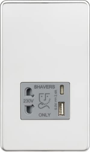 Knightsbridge Screwless Shaver socket with dual USB A+C (5V DC 2.4A shared) - polished chrome with grey insert