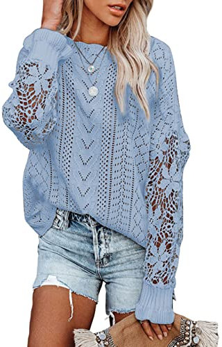 Maavoki Pullover Damen Spitze Strickpullover, Lässige Rundhals Lace Langarm Häkelpullover, Elegantes Einfarbig Stricktop Patchwork Oberteile Stricken Langarmshirt Hellblau M
